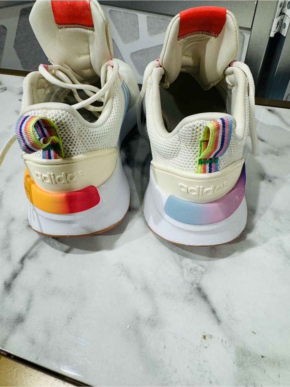 adidas Women’s Cream Sneakers with Light Blue Stripes and Rainbow Heel - Picture 5 of 9